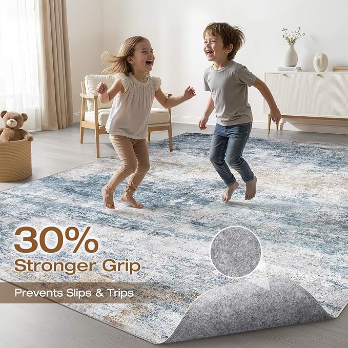 6x8 Area Rugs Living Room: Washable Large Neutral Rug Abstract Soft Modern Stain Resistant Indoor Floor Non-Slip Carpet for Bedroom Nursery Kids Office Playroom Dining Room Under Table- Blue Gold