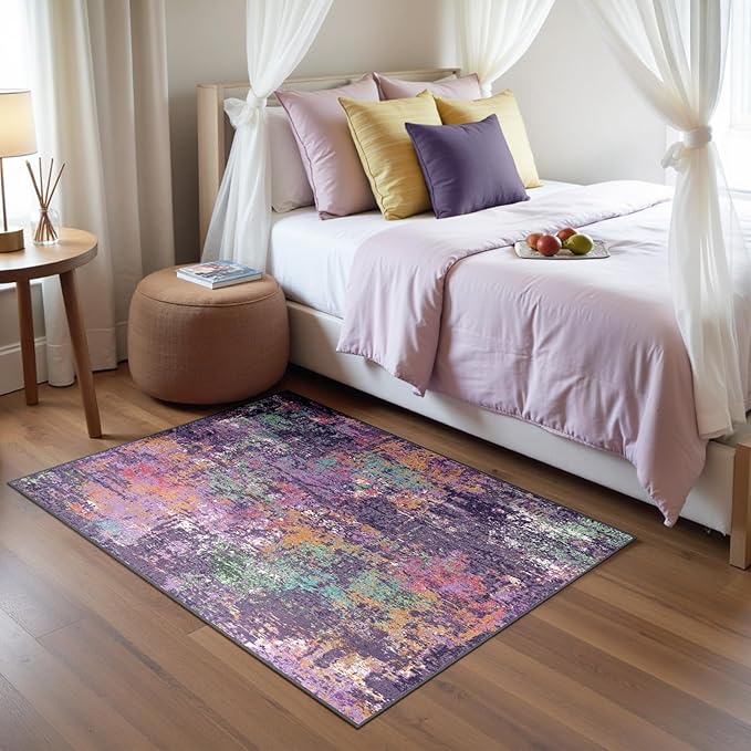 RELEANY Washable Area Rugs 3'x5' Non-Slip Modern Abstract Soft for Living Room Entryway Bedroom Nursery, Print Pattern, Purple Orange Blue Green Rust Red Colorful