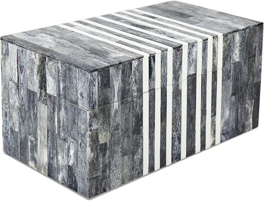 Handicrafts Home Large Decorative Storage Box with Lid, Patisserie Cafe Stripe Pattern Memory Keepsake Box, Deep Storage Organizer for Coffee Table Decor, Wooden Gift Storage Box, Grey & White, 10x5x5