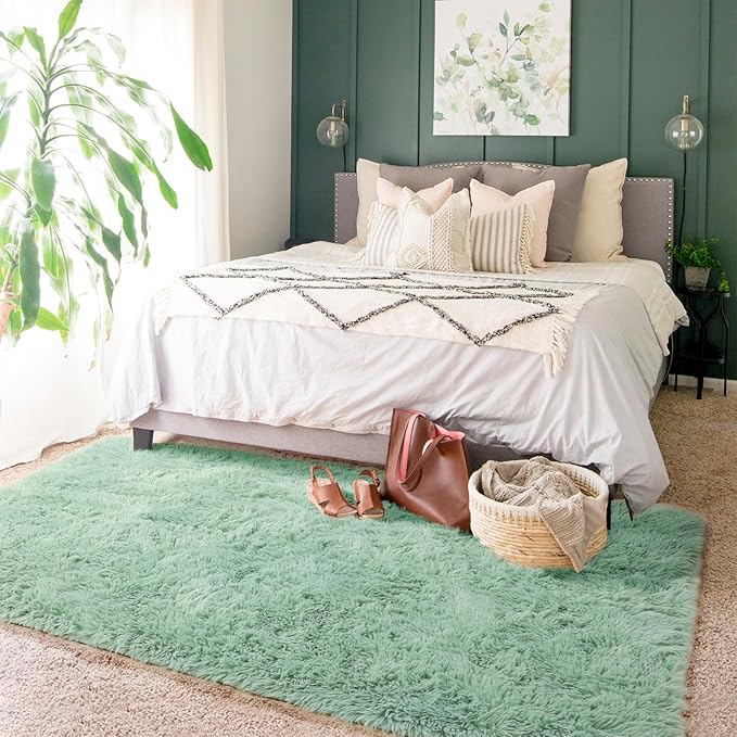 Amdrebio Sage Green Area Rugs for Living Room Bedroom Aesthetic, Fluffy Furry Rug 6x9 for Nursery, Teen Boys, Baby Kids Room Decor, Cute Shaggy Carpet for Playroom Dorm, Fuzzy Plush Light Mint Rug