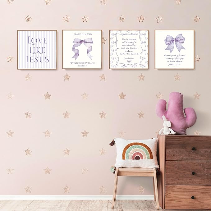 LARTSFRO Coquette Purple Bow Jesus Wall Art Decor Posters, Purple Bow Christian Room Bedroom Bathroom Dorm Wall Art Decor Aesthetic for Teen Girls Gifts, Inspirational Bible Verses Bow Wall Decor, 10x10 Inch Set of 4 Bow Pictures (UNFRAMED)