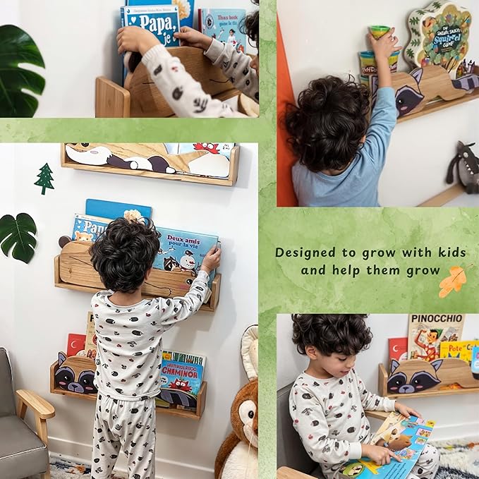 3 Floating Shelves, Wall Shelf for Kids Rooms, Woodland Nursery Bookshelves, Bear Fox and Raccoon 24inch