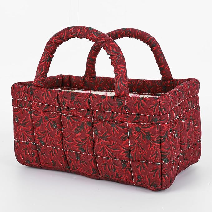Mini Storage Basket, Small Quilted Boho Fabric Organizer Bin with Handle, Portable Collapsible Basket for Socks, Keys, Diaper