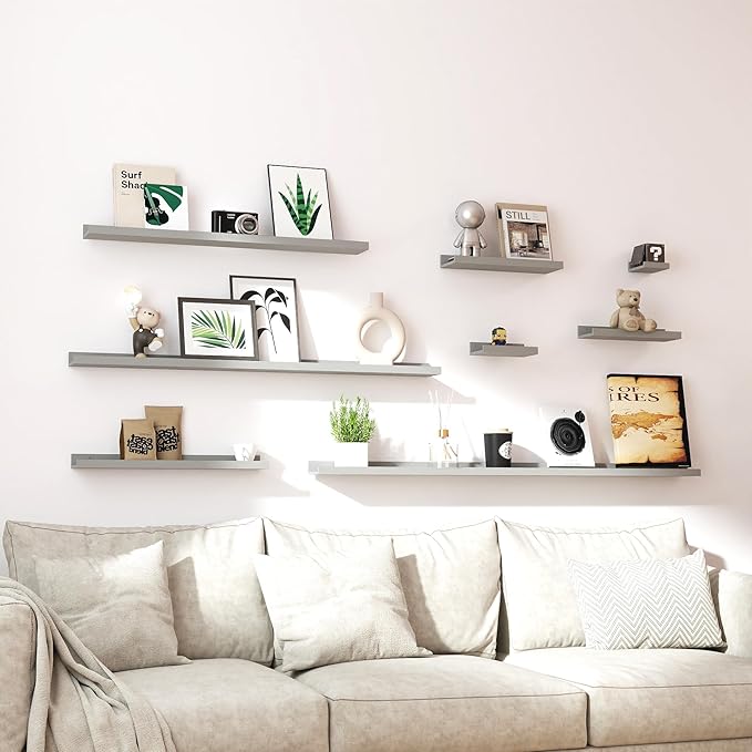 Floating Shelves for Wall Decor, Wall Mounted Wood Storage Shelf for Bedroom, Living Room, Bathroom, Kitchen, Nursery, Display Picture Ledge Shelf with Lip Set of 2-14 Inches, Grey