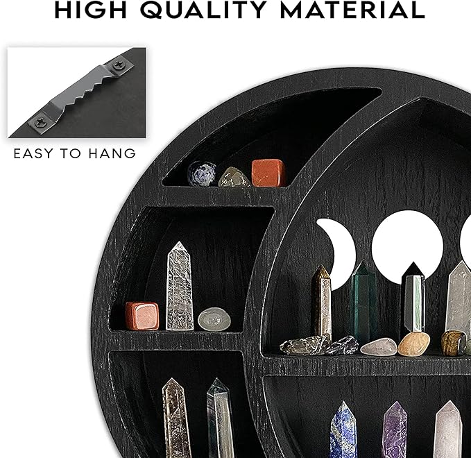 Ella & Emma Wooden Moon Shelf for Crystals - Crescent Moon Crystal Shelf, Storage & Wall Hanging Shelves for Bedroom Aesthetic, Moon Phase Wall Decor & Crystal Display Shelf, Pinewood, Black