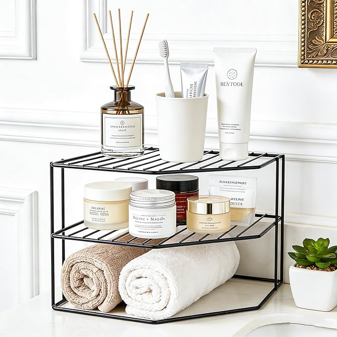 3-Tier Kitchen Corner Shelf Rack – 10x10x7 Inch Metal Wire Counter & Cabinet Organizer, Pantry Kitchen Counter Storage Shelf and Organizer for Plates, Cups, Dishes (Black)