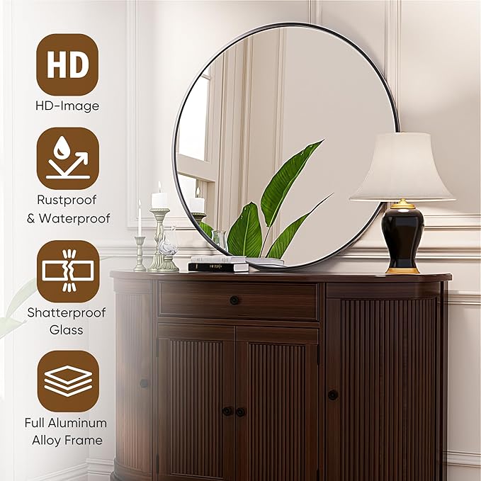 Antok 36 Inch Round Mirror for Wall, Round Bathroom Mirror, Circle Wall Mirrors with Black Metal Frame, Circle Mirrors Suitable for Wall, Bathroom, Vanity, Living Room, Entryway