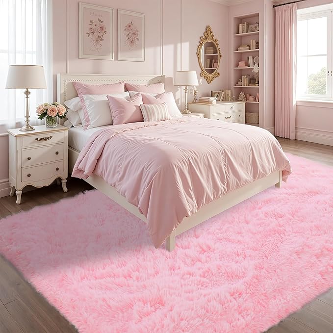 Fluffy Pink Area Rug for Bedroom Living Room Soft 5x7 Fuzzy Washable Rugs Non-Shedding Indoor Plush Rug for Nursery Kids Room Dorm Room Home Decor, High Pile Shaggy Floor Carpets(Pink 5'x7')