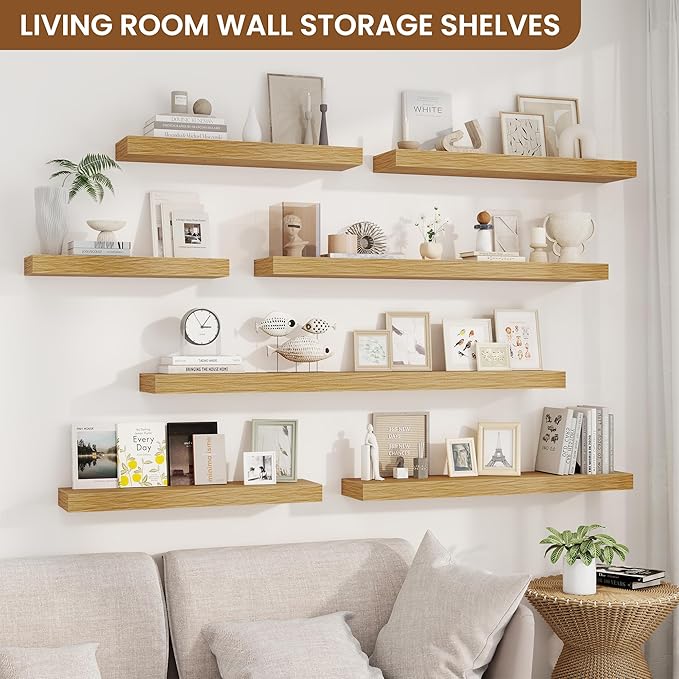 fuqing Floating Shelves for Wall, Wall Mounted Wood Floating Shelf with Invisible Brackets for Living Room, Bathroom, Bedroom, Kitchen Storage and Decor, 20 Inch Set of 2, Oak