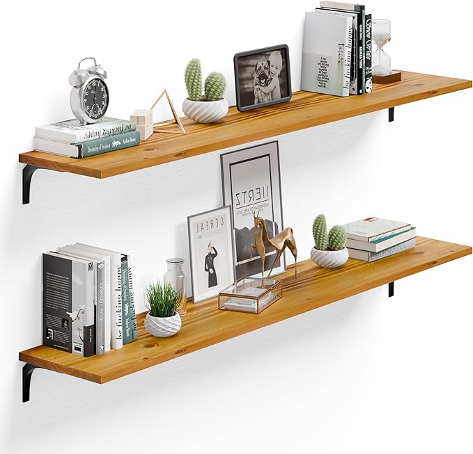 12 Inch Deep Floating Shelves Set of 2, 60 Inch Extra Wide Solid Wood Wall Shelves, Heavy Duty Wall Mount Bookshelf with 100 lbs Capacity, Farmhouse Rustic Storage for Kitchen & Living Room