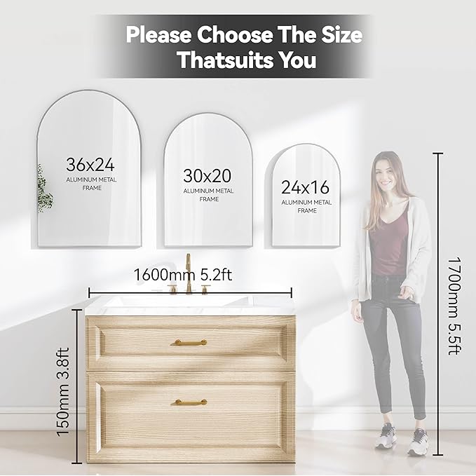 SCWF-GZ 24x36 Arch Mirror Square Full Length Wall Mounted Hanging or Against Wall Metal Aluminum Alloy Frame Dressing Make-up Mirrors for Entryway Bedroom Bathroom Living Room 24 36 inch Silver