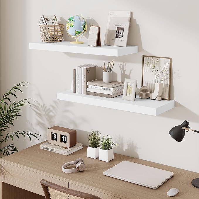 Fun Memories Floating Shelves for Wall, 32 Inch Long Floating Shelves Set of 2, 32 x 10 Wooden Shelves for Wall, Large Storage Shelves, Hanging Shelves for Bathroom Kitchen Bedroom, White