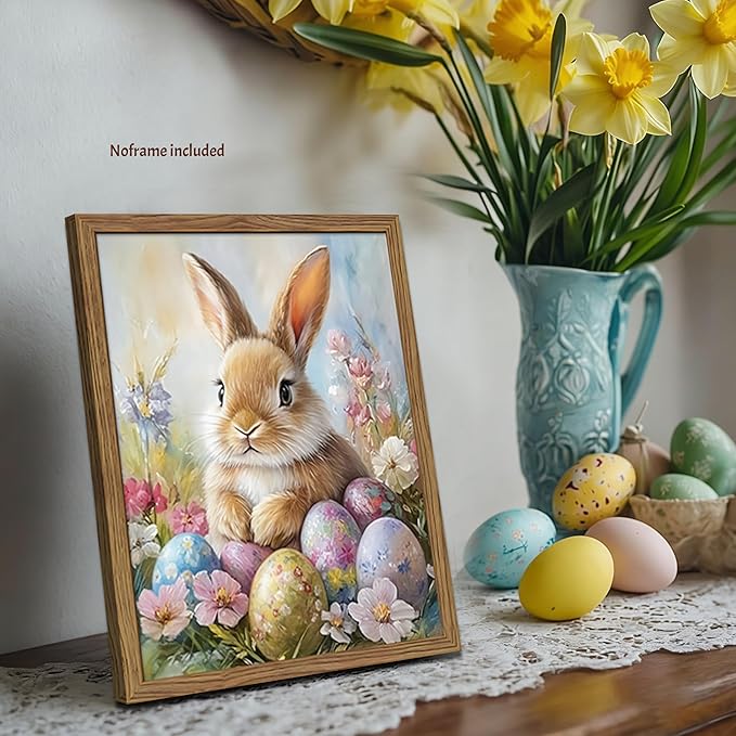 Easter Bunny Wall Art Poster, Cute Bunny with Eggs Picture Prints, Vintage Cottage Holiday Theme Canvas Artwork, Modern Farmhouse Wall Decor for Kids Room Bedroom Living Room 12x16in Unframed