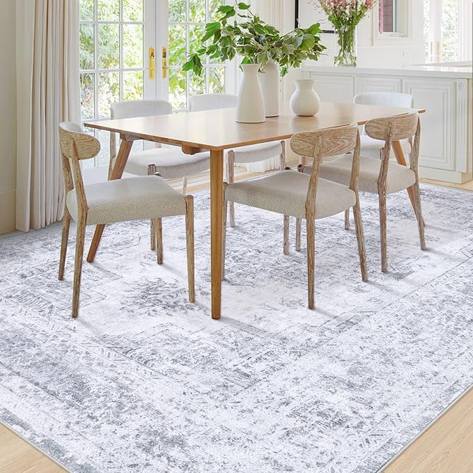 XLUEZ Area Rug 8x10 Living Room Rug, Machine Washable Vintage Distressed Medallion Rug Non-Slip Soft Low Pile Large Indoor Rugs for Bedroom Kitchen Dining Room Office(LightGrey,8'x10')