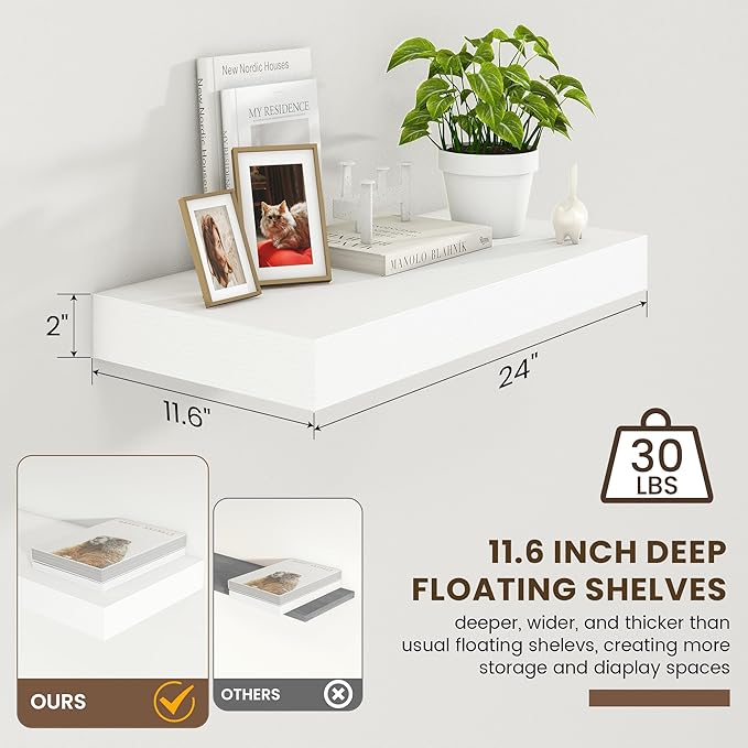 FLYJOE 12 Inch Deep Floating Shelves | 24 Inch White Floating Shelves | 24" W x 12" D White Wood Shelves for Wall | Deep Wood Shelves for Living Room Bathroom Laundry Room Kitchen