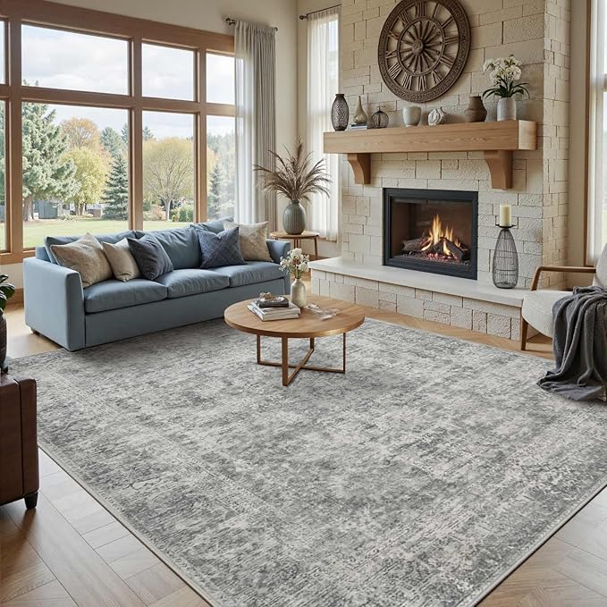 Rugxara 8x10 Area Rugs for Living Room, Large Washable Rug, Grey Vintage Abstract Boho Rug, Non Slip & Low Pile Faux Wool Carpet for Indoor Dining Room, Farmhouse and Bedroom(Grey 8x10ft)