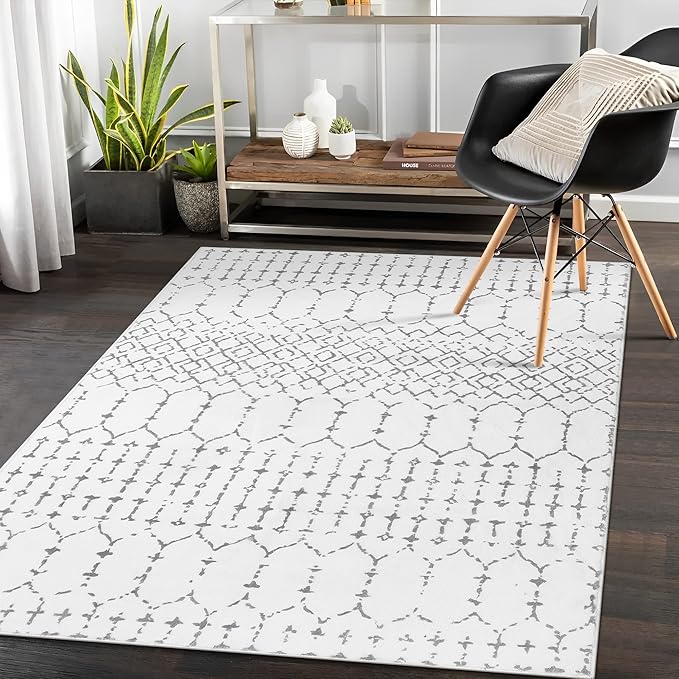 Lahome Moroccan Washable Living Room Rug 3x5 Area Rugs for Bedroom Throw Non-Slip Low-Pile Entryway Rug Bathroom Rugs Soft White Distressed Indoor Capet for Office Kitchen Laundry Dining Room Hana