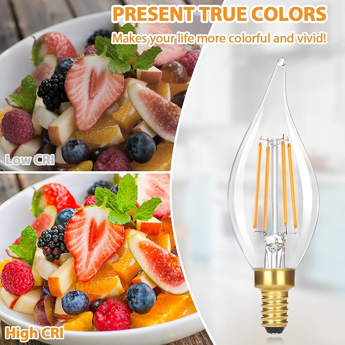 GoBright Dimmable E12 LED Candelabra Bulb 40W Equivalent, 460LM Soft Warm White 2700K Candle Light With Vintage Flame Tip, 4W CA10 Clear Glass for Chandelier, Pendant, 6-Pack