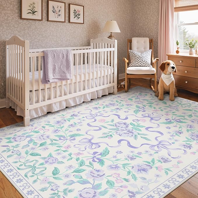 GENIMO 8X10 Washable Vintage Area Rugs for Living Room, Non-Slip Low Pile Chenille Print Rug, Soft Rugs for Bedroom Dining Room Home Office, Pastel Purple