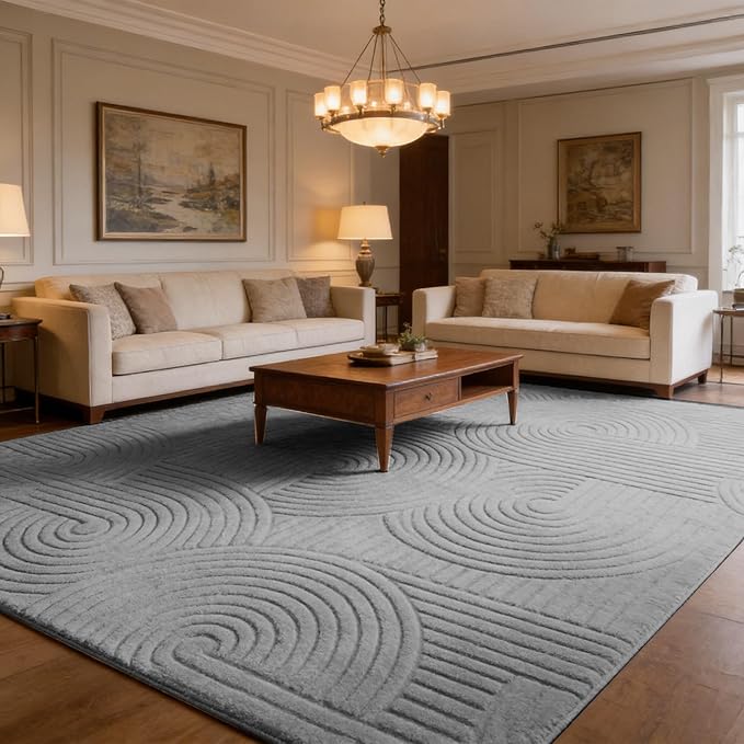 Grey 5x7 Solid Color Area Rugs – Washable Living Room Rug, Modern Geometric Non-Slip Indoor Carpet with Soft High-Low Pile, Fluffy Floor Rugs for Bedroom, Kids Room, Nursery, Home Décor