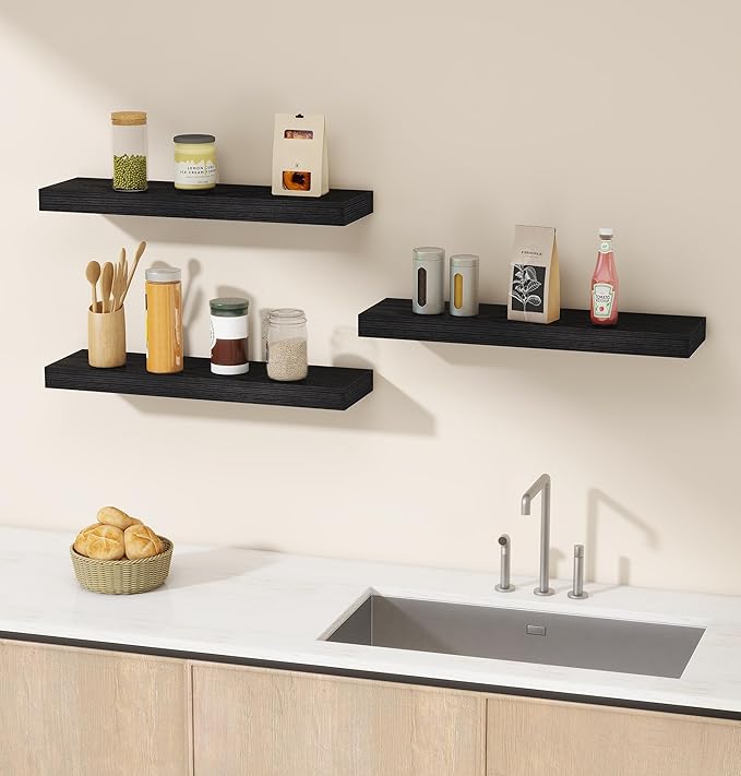 Vervida Black Floating Shelves for Wall, 24" Rustic Wood Deep Wall Mounted Shelves with Invisible Brackets for Decor & Storage, Floating Shelf for Living Room, Bathroom (Set of 3)