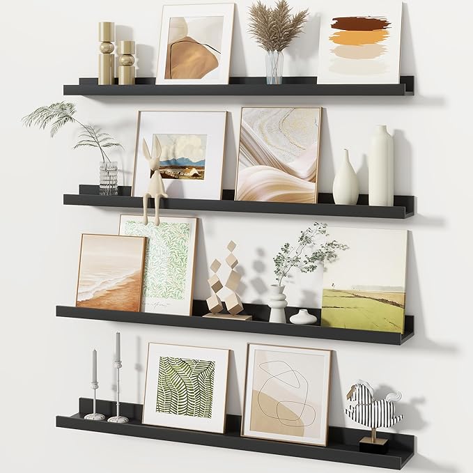 Fun Memories Picture Ledge Shelves Set of 4, 32 Inch Rustic Wall Mounted Floating Shelves with Lip for Home Storage and Décor in Bathroom, Kitchen, Nursery, Bedroom, Living Room, Black