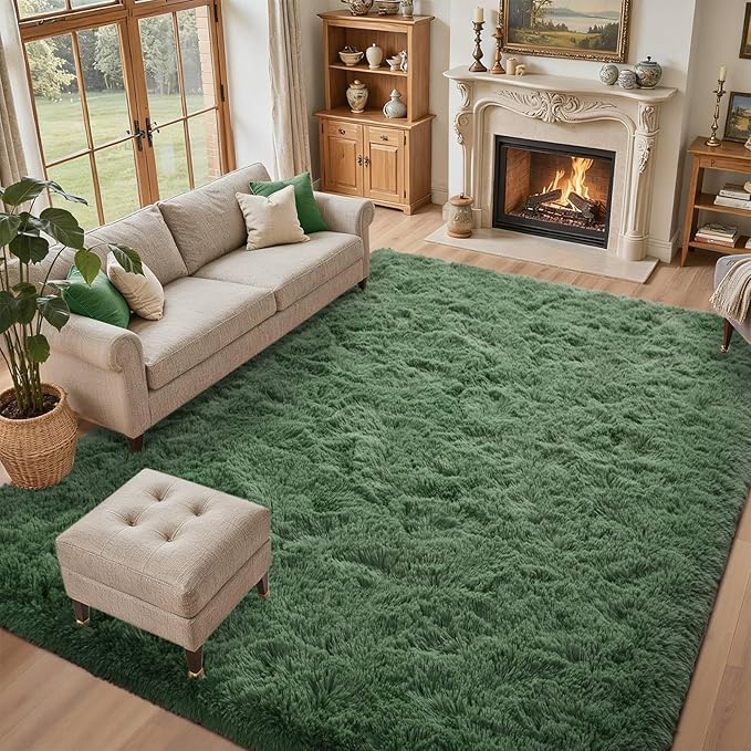 9x12 Area Rugs for Living Room Green Fluffy Shag Rug,Plush Bedroom Grass Carpet for Kids Teens Indoor Classroom Home Decor Aesthetic