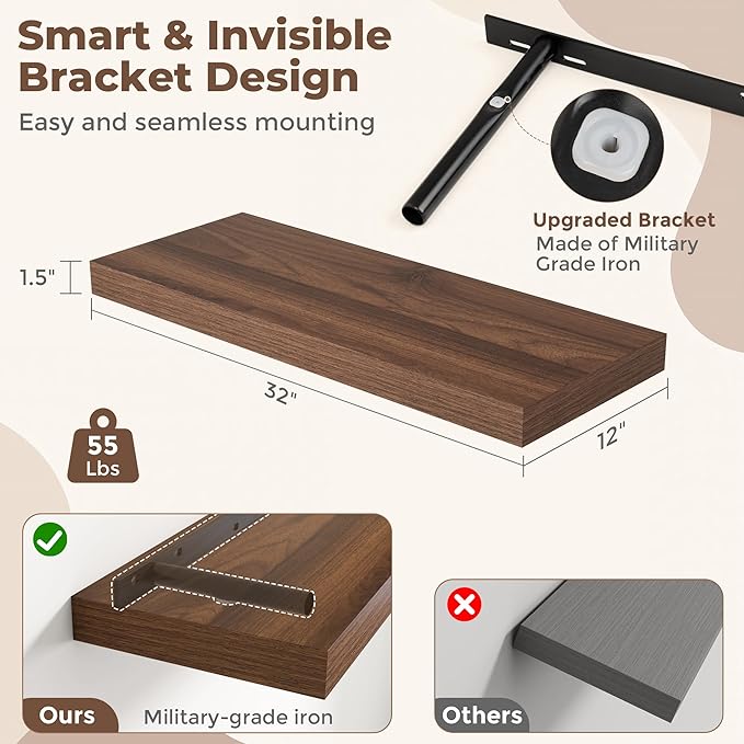32 Inch Walnut Floating Shelves for Wall, 12 Inch Deep Shelves for Bathroom|Kitchen|Bedroom, Wall Mounted Rustic Wood Floating Shelf with Invisible Brackets for Books|Storage|Decor, 2 Pack