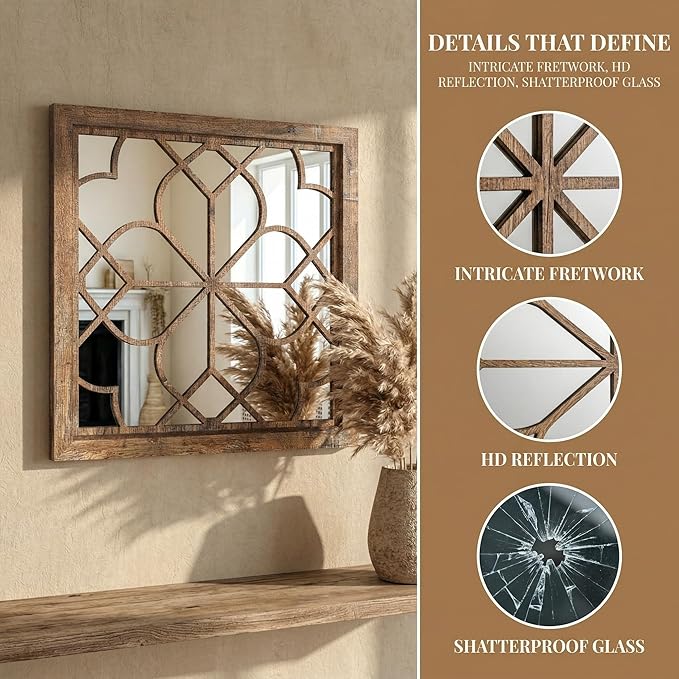 Set of 2 18 Inch Large Square Redbrown Window Pane Wall Mirrors, Shatterproof Rustic Farmhouse Boho Vintage Accent Mirrors for Living Room, Bedroom, Bathroom, Entryway & Home Decor