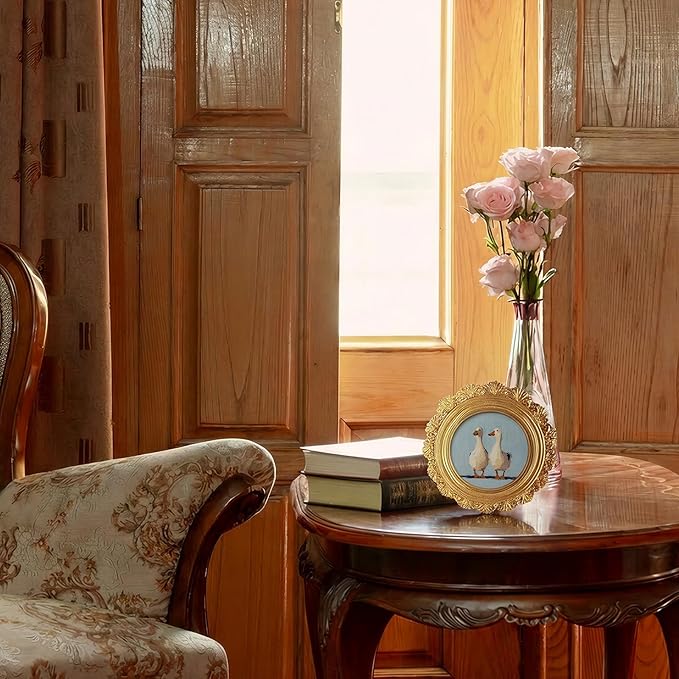 Small Vintage Couple Duck Goose Round Picture Frame Wall Decor, Rustic Farmhouse Gold Mini Ornate Photo Frame for TableTop Desk 2.7in Photo,Funny Framed Artwork for Walls Office Bedroom Shelf
