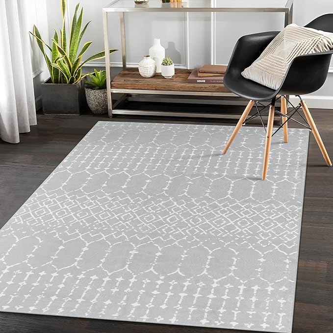 Lahome Moroccan Washable Living Room Area Rug 3x5 Small Rugs for Bedroom Throw Non-Slip Low-Pile Entryway Rug Kitchen Rugs Soft Grey Distressed Capet for Office Bathroom Laundry Room Dining Room Hana