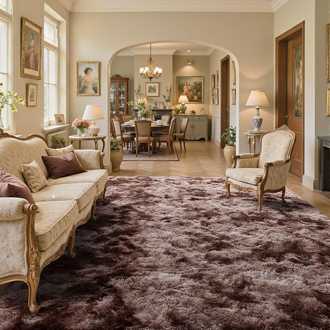 9x12 Area Rugs for Living Room Brown Fluffy Fur Bedroom Rug,Rustic Plush Non-Slip Dark Carpet for Book Room Office,Coffee Stain Resistant