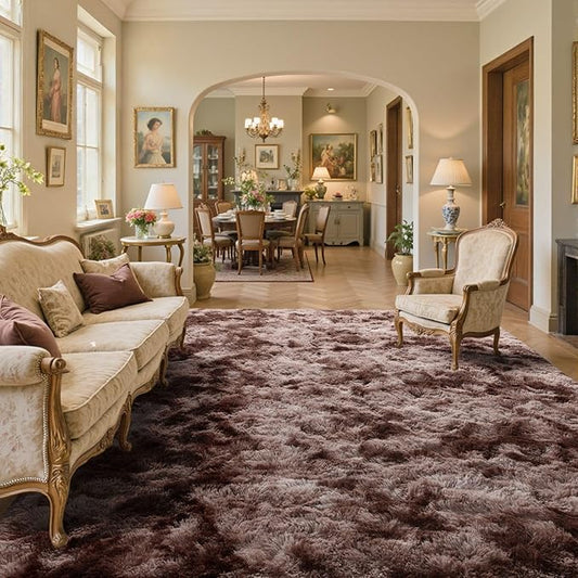 9x12 Area Rugs for Living Room Brown Fluffy Fur Bedroom Rug,Rustic Plush Non-Slip Dark Carpet for Book Room Office,Coffee Stain Resistant