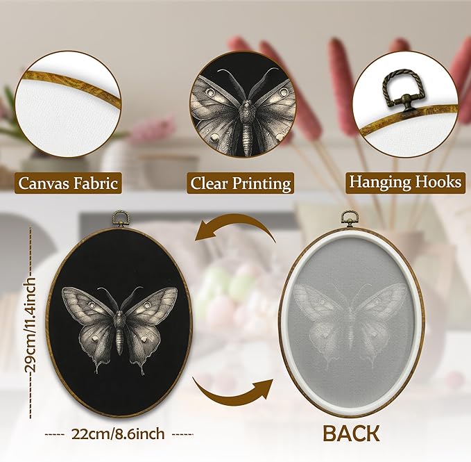 Mcehtle Vintage Butterfly Wall Art Decor, Moody Moth Cottagecore Oval Framed Canvas Prints 8.6x11.4, Academia Insect Wall Hanging Artwork Decorations for Home Gallery Bedroom