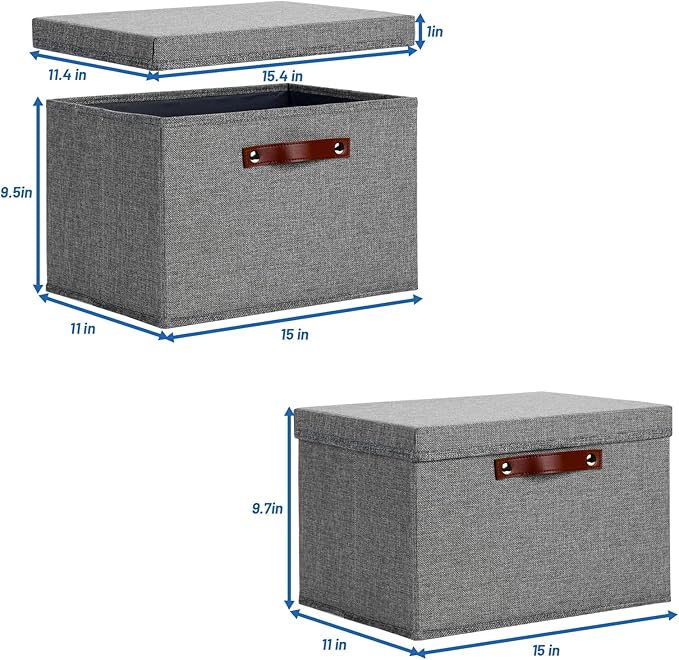 Temary Storage Bins with Lids 2-Pack Large Foldable Storage Baskets with Lid, Fabric Storage Bin for Organizing Home (Grey, 15x11x9.5inch)