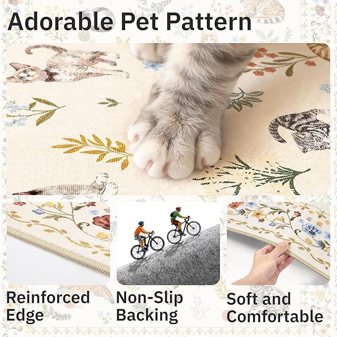 Soalmost Cat 8x10 Area Rugs for Living Room, Machine Washable Animal Floral Vintage Rug Non-Slip Low Pile Soft Throw Large Rugs for Bedroom Dining Room Kitchen Nursery Playroom (8 x 10,Beige)