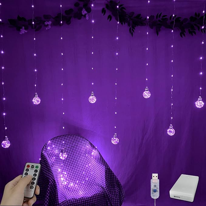 YOLIGHT Wishing Ball Curtain Lights 200 LED Window Curtain String Lights with Remote, USB Battery Powered Twinkle Globe Fairy Lights for Wedding Party Bedroom Halloween Christmas Decoration (Purple)
