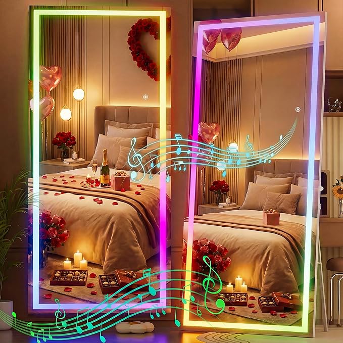 Hasipu 71"x31" LED RGB Bluetooth Full Length Mirror with Lights, Full Body Mirror with Stand, Wall Mount & Free Standing Floor Mirror for Bedroom Living Room Cloakroom, 7 Color & Brightness Adjustable