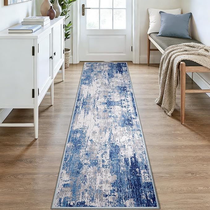 RELEANY Washable Area Rugs 2x9 Non-Slip Modern Abstract Soft for Living Room Entryway Bedroom Nursery, Print Pattern, Blue Grey Navy Gray