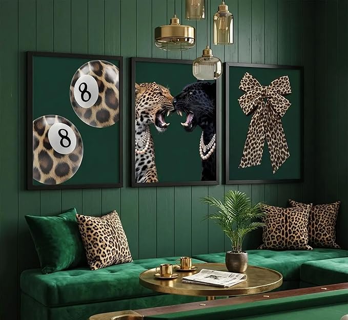 3Pcs Trendy Leopard Canvas Wall Art Funky Lucky 8 Ball Posters Prints Paintings Cheetah Bows Preppy Aesthetic Pictures Wall Decor for Bedroom Dorm Living Bathroom Decoration Unframed