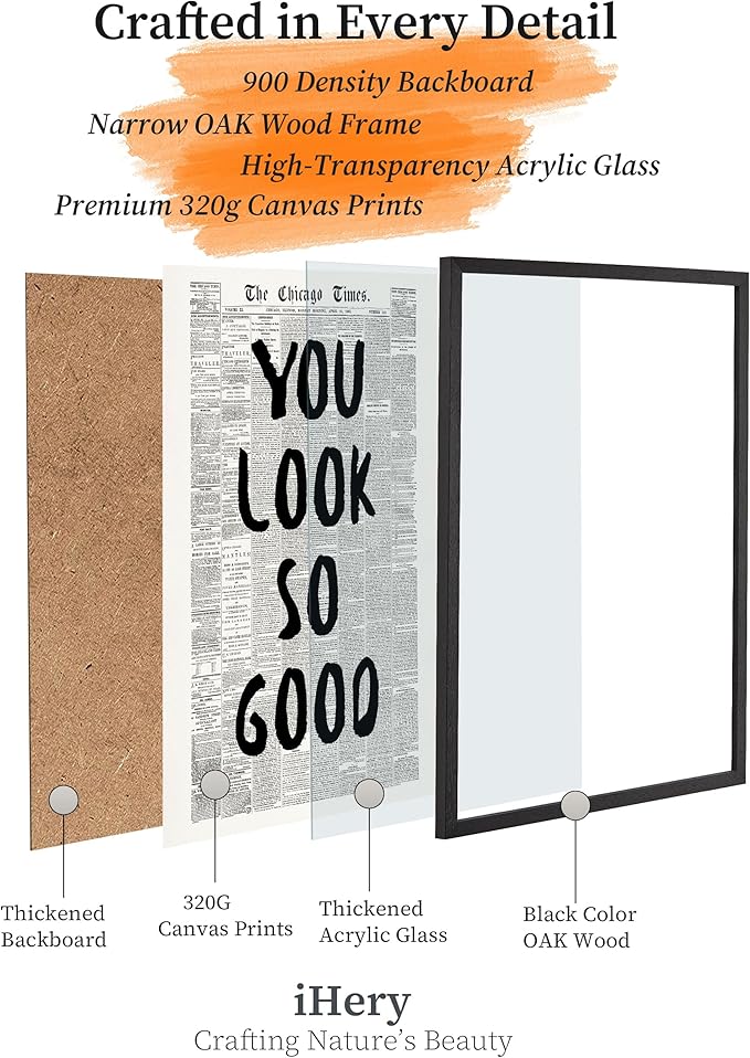 iHery Small Premium Natural Black OAK Wood 8x10in You Look So Good Trendy Inspirational Framed Wall Art, Vintage Girl Newspaper Canvas Motivational Wall Decor For Dorm Bedroom Living Room 1Pack