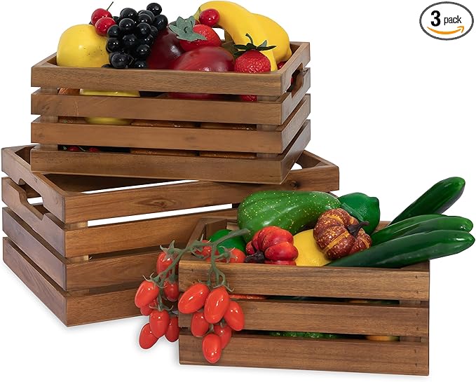 VICTORY RELAX Nesting Wood Storage Crates (Set of 3) - Natural Acacia Wood Stackable Wooden Boxes for Storage & Organization - Decorative Wooden Basket Set for Fruits, Shelving & Home Decor