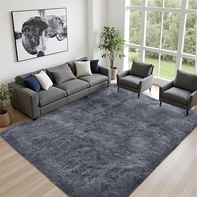 Fluffy Area Rugs 9x12 Living Room Bedroom: Ultra Soft Shag Rug Upgrade Non-Slip Non-Shedding Large Fuzzy Plush Carpet Indoor Floor Carpets for Kids Room Playroom Nursery Dorms Home Decor Grey