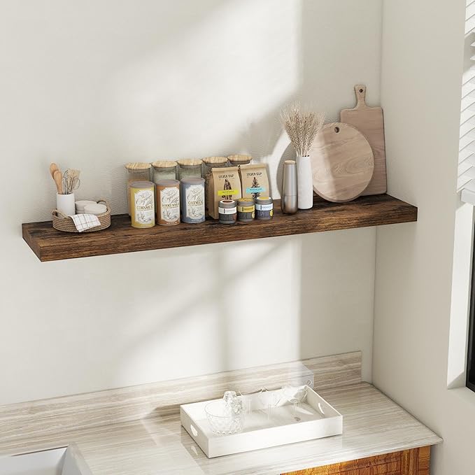 Fun Memories 55 Inch Fireplace Mantel Shelf, 12 Inch Deep Shelves for Display & Wall Storage, Rustic Wood Wall Shelf, Extra Long Floating Shelves for Bathroom Bedroom Living Room, Rustic Brown, 1 Pack