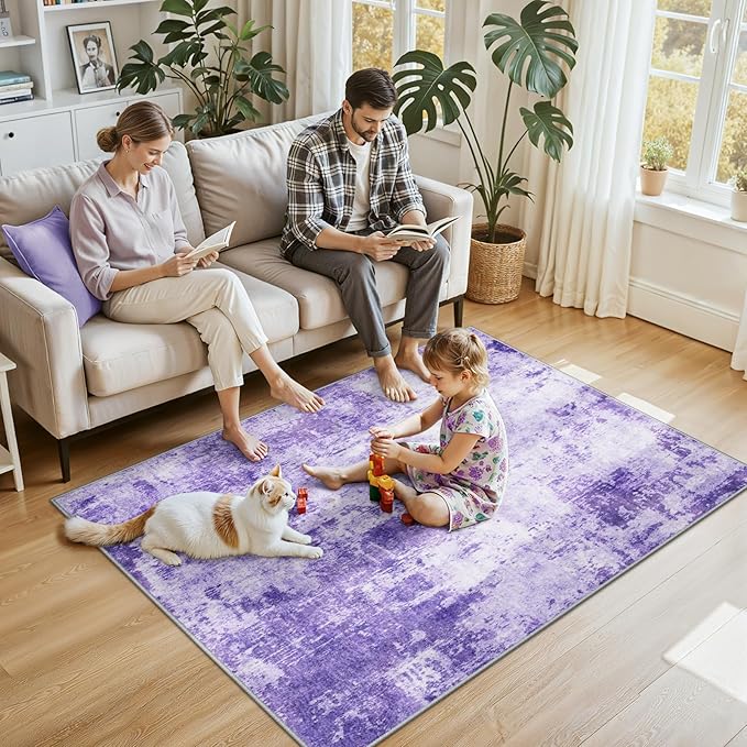 RELEANY Washable Area Rugs 4'x6' Non-Slip Modern Abstract Soft for Living Room Entryway Bedroom Nursery, Print Pattern, Purple Gray Pink White
