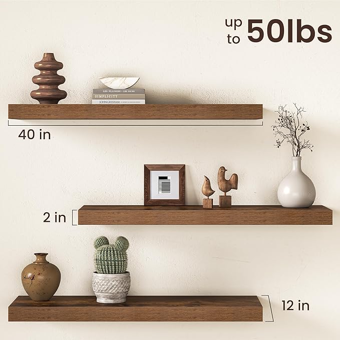 40Inch Floating Shelves for Wall, 12 Inch Deep Shelves for Bedroom, Kitchen, Bathroom Wall Mounted, Rustic Wood Floating Shelf with Invisible Brackets for Books, Storage, Decor, Rustic Brown, 2 Packs
