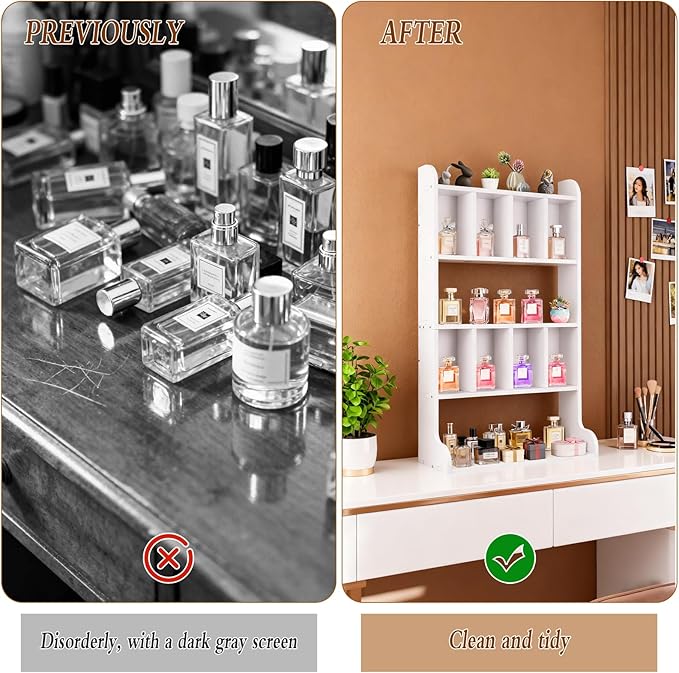 Perfume Organizer Cologne Display Case - Perfume Organizer Cologne Stand - Multi-Tier Partition Trinket Shelf for Fragrances, Cosmetics, Collectibles, Figures, Miniatures and Shot Glasses (White)