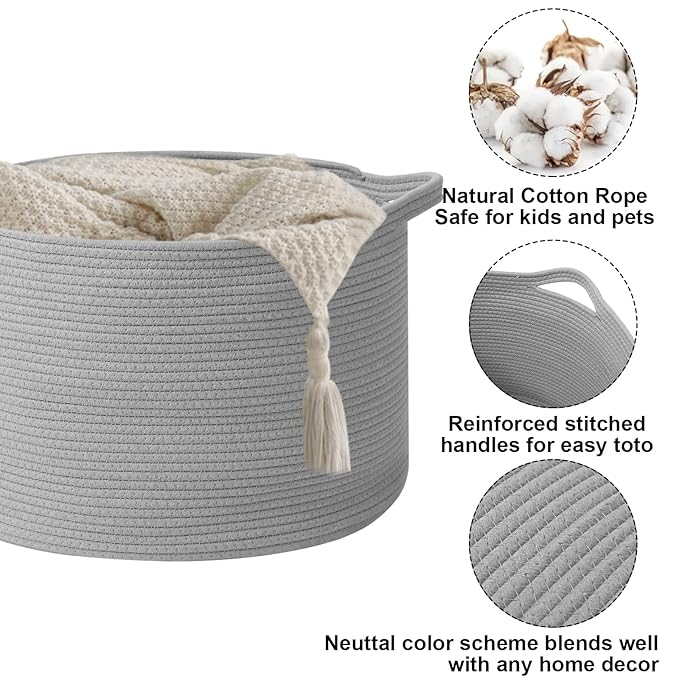 65L Large Blanket Basket,Woven Rope Laundry Basket Hamper with Handles,Decorative Nursery Basket Storage Bin for Toys, Pillows , Clothes Organizer, Living Room, Bedroom, Bathroom, Light Gry