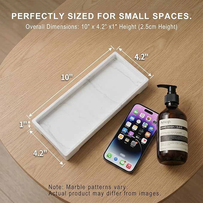 Countertop Vanity Tray - Silicone Bathroom Sink Organizer & Kitchen Soap Tray, Footed Anti-Slip Design, Waterproof Caddy for Perfume, Jewelry, Makeup, Bottle, Oil, Sponge Holder, White Marble 10"x4.2"