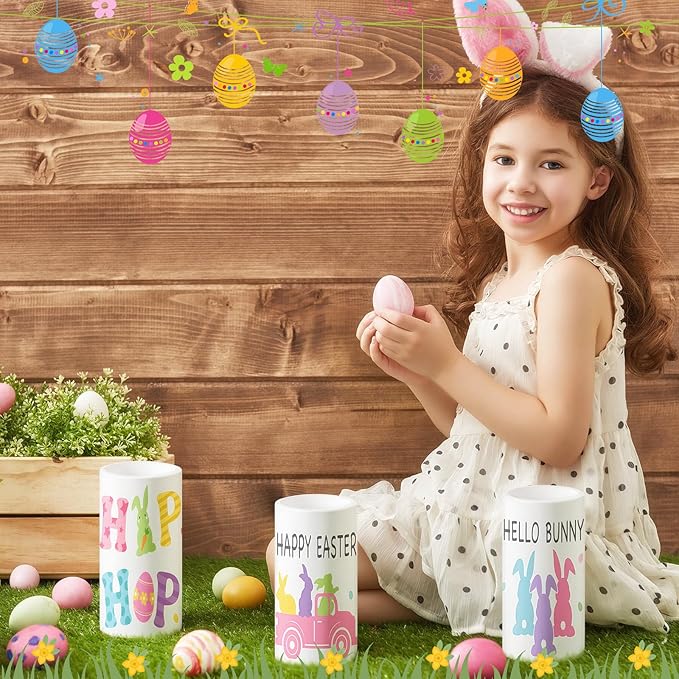 Retisee 3 Pcs Pastel Easter Flameless LED Candles Battery Operated Bunny Spring Flickering Pillar Candles with Remote Pastel Easter Decoration Centerpiece for Bedroom Living Room Dinner Table Decor